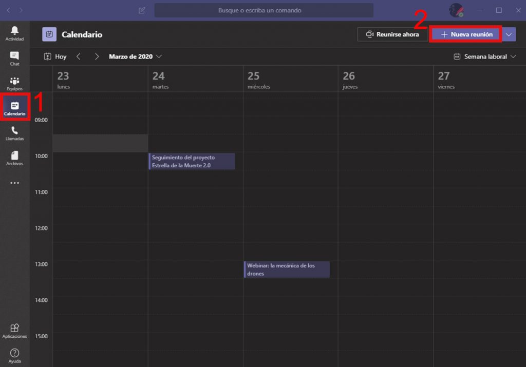 Nueva reunion desde calendario en Microsoft Teams