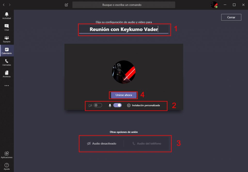 Antesala de una reunion de Microsoft Teams
