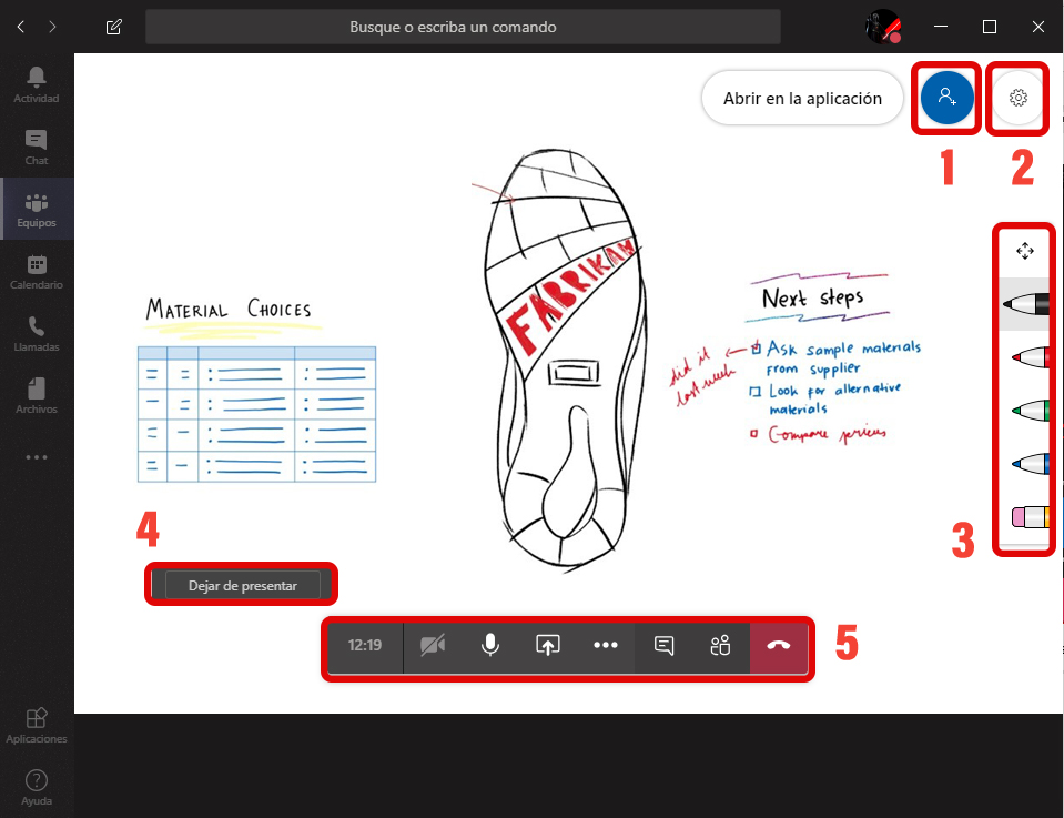Compartir pizarra en Microsoft Teams durante una reunión