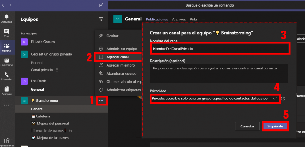 Crear canal privado en Microsoft Teams