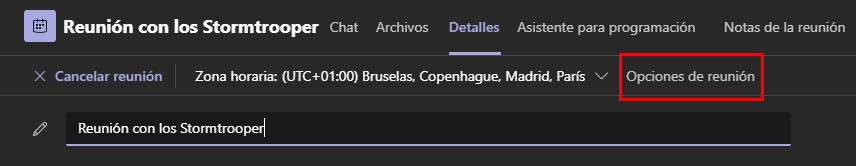 Opciones de reunión en Microsoft Teams