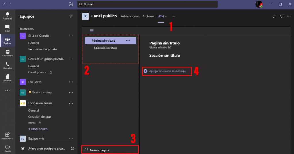 Cómo crear paginas y secciones en una Wiki en Microsoft Teams