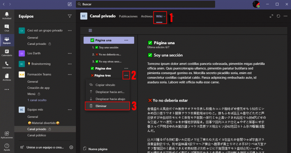 Cómo eliminar páginas y secciones de una wiki de Microsoft Teams