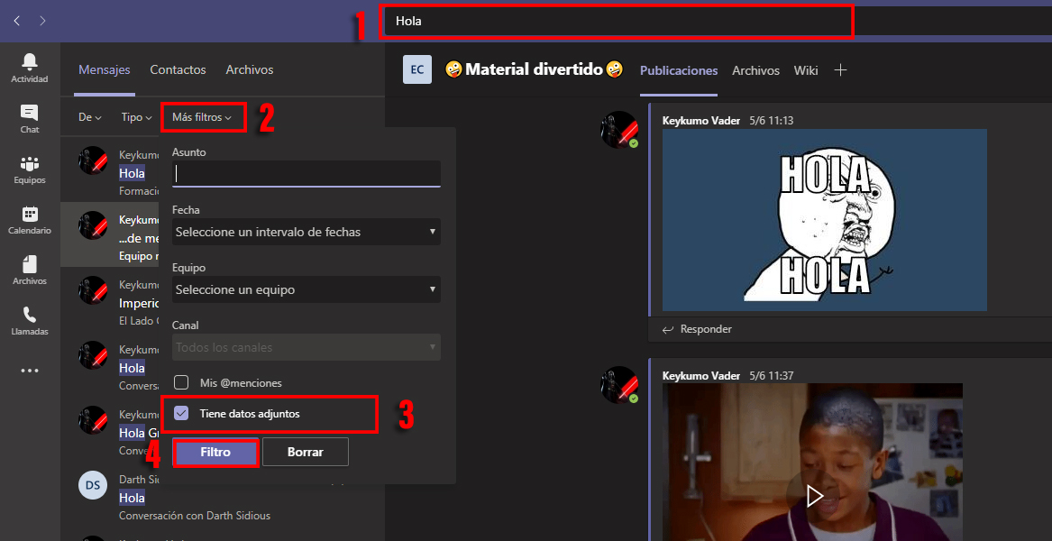 Busqueda avanzada por datos adjuntos en Microsoft Teams
