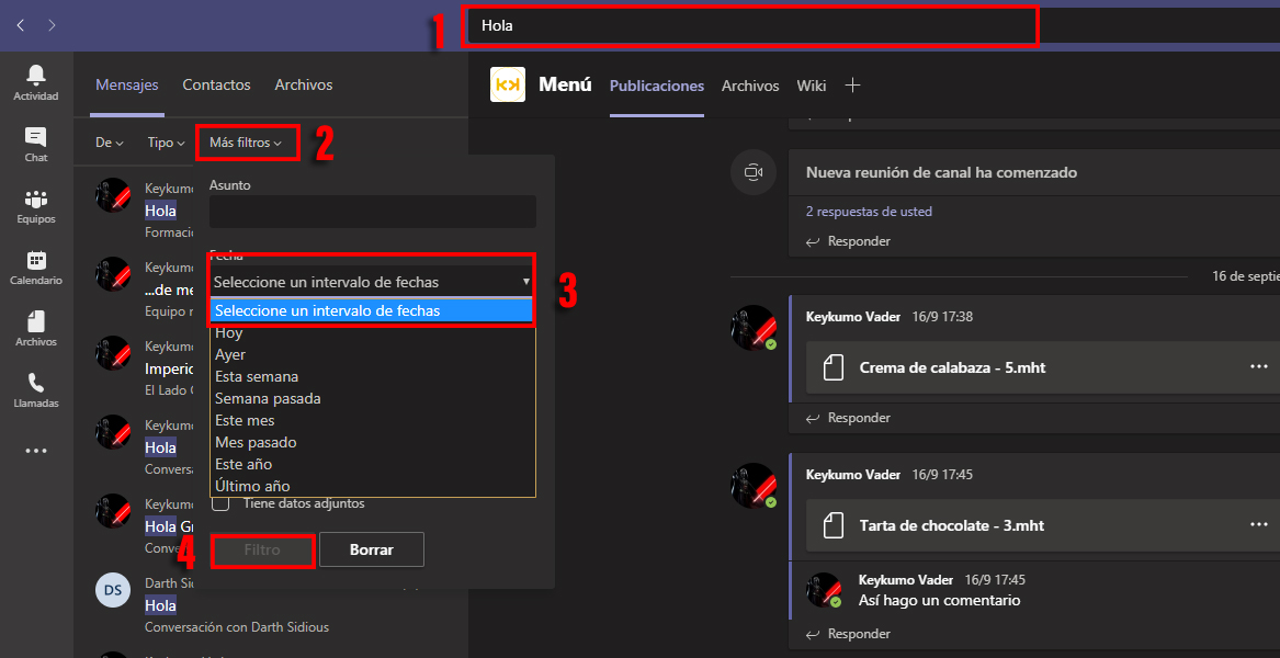 Busqueda avanzada por fecha en Microsoft Teams