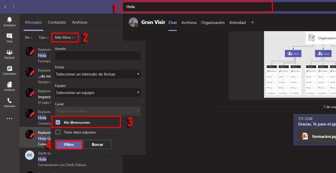 Busqueda avanzada por menciones en Microsoft Teams