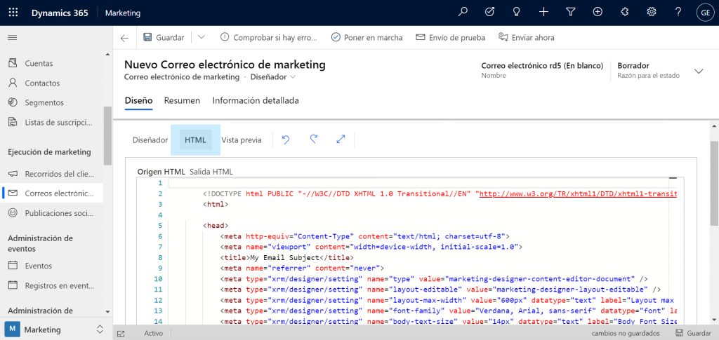 diseño de emailing en HTML dynamics 365