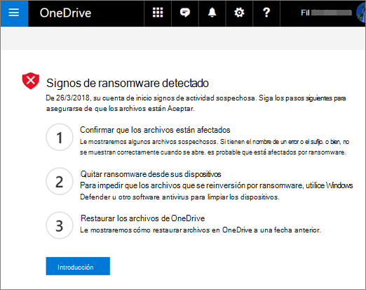 OneDrive signos de ransomware detectado