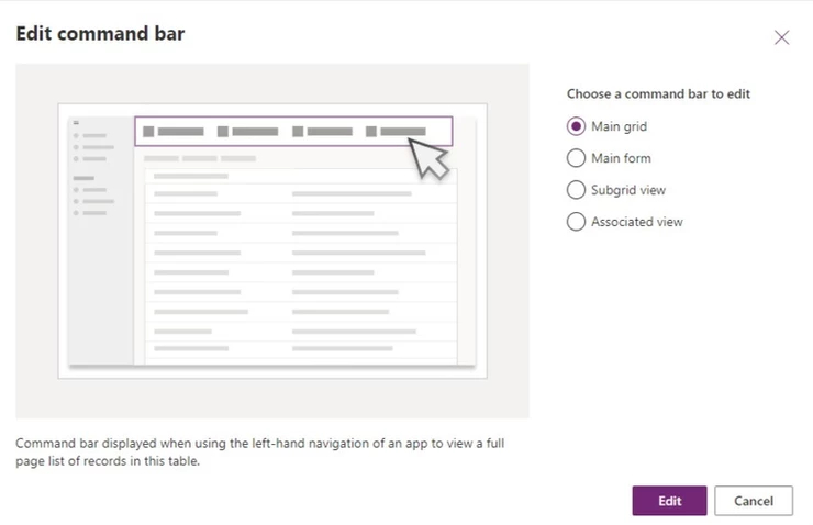 Choose a command bar to edit - Power FX
