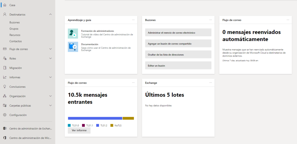 Pantalla de inicio nueva consola de administración Exchange Online
